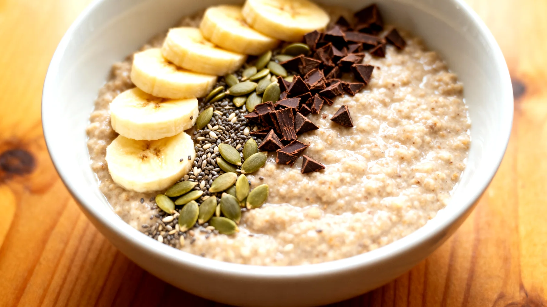 Amaranth-Porridge mit Hanfsamen, Banane und Kakao-Nibs"