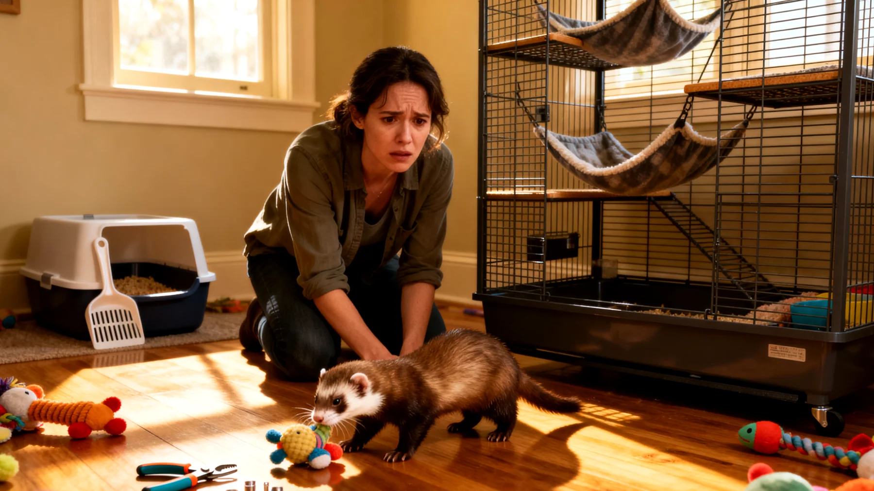 Frettchen benötigen spezielles Zubehör und Pflegeprodukte für die artgerechte Haltung in der Wohnung, da sie als aktive und neugierige Tiere besondere Anforderungen an Käfigausstattung, Katzenklos, Krallenpflege und frettchengerechte Spielzeuge haben"