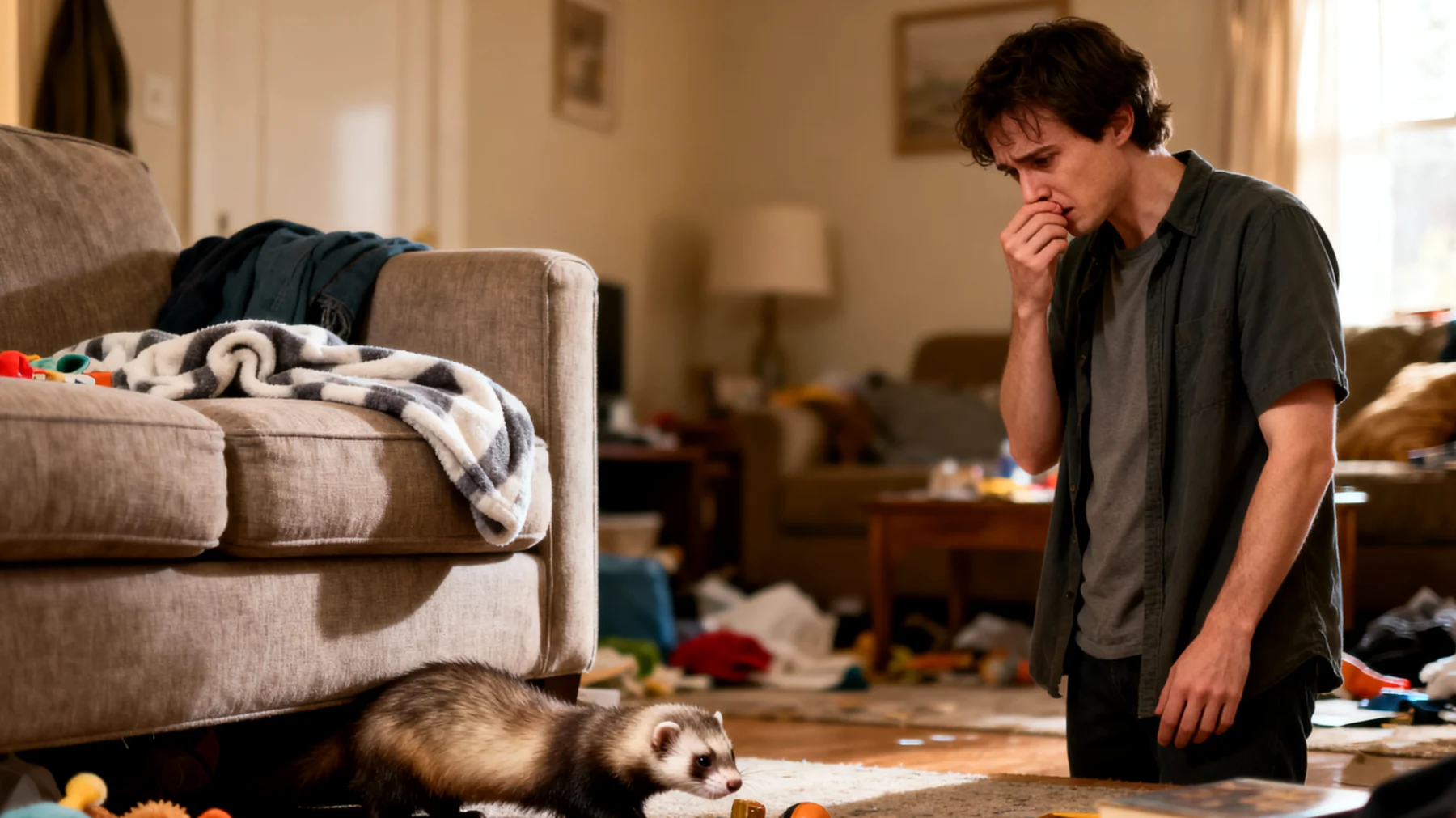 Frettchen haben einen starken natürlichen Geruch und markieren ihr Revier, was in einer Wohnung zu unangenehmen Gerüchen führen kann. Ihre Neugier und ihr Spieltrieb führen dazu, dass sie überall hineinkriechen und Gegenstände verstecken, was die Wohnungshygiene erschwert."