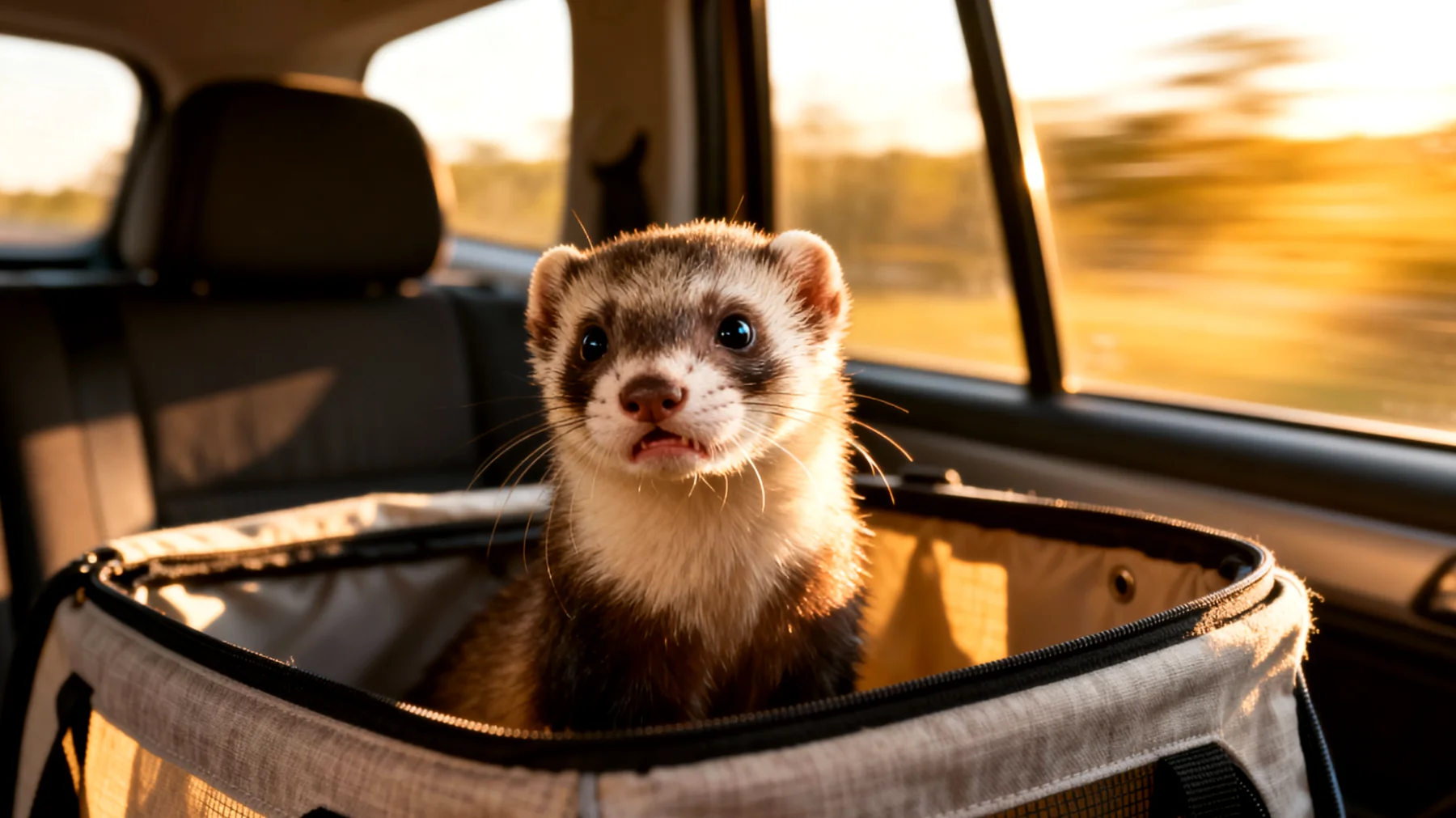 Frettchen leiden während der Reise häufig unter Stress und können Reisekrankheit mit Übelkeit entwickeln, was durch die enge Transportbox und ungewohnte Bewegungen verstärkt wird"