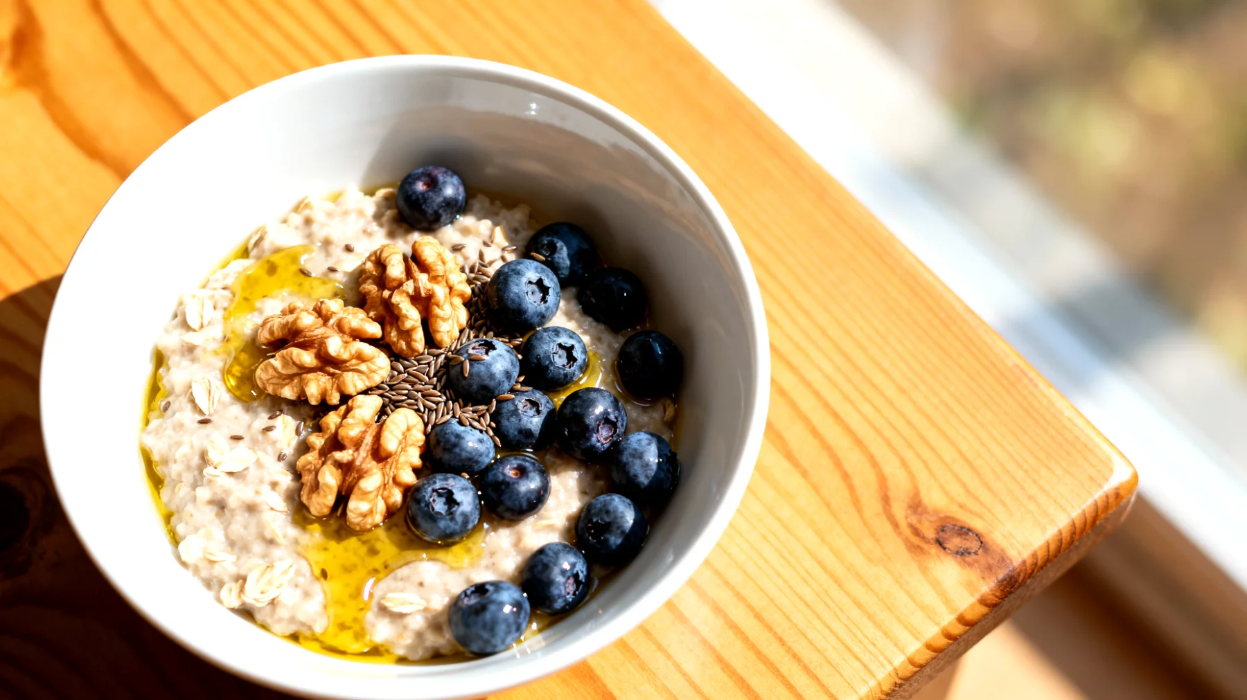 Hafer-Porridge mit Walnüssen, Blaubeeren und Leinöl"
