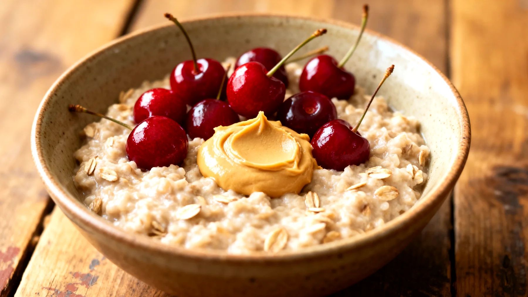 Haferbrei mit Sauerkirschen (Montmorency) und Mandelbutter"