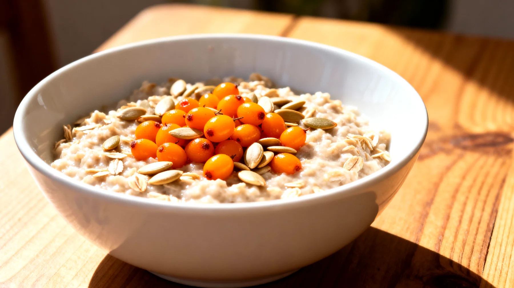 Haferporridge mit Sanddornbeeren und Kürbiskernen"