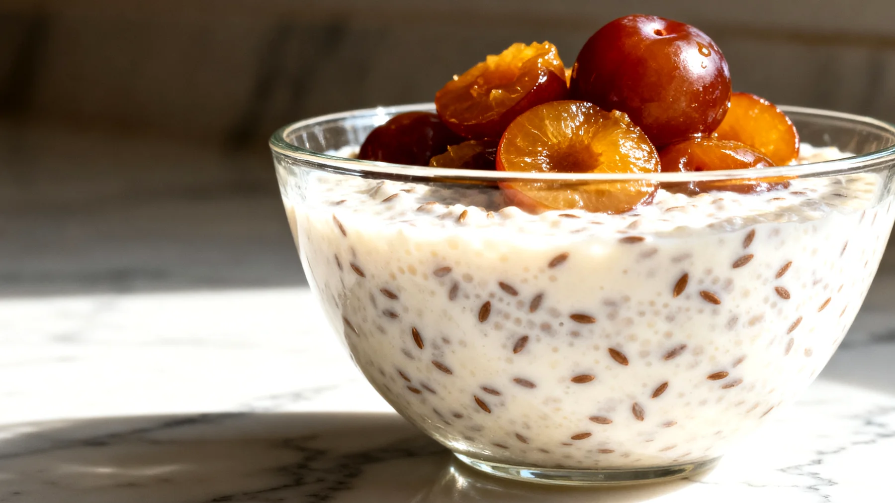 Kefir-Leinsamen-Pudding mit fermentierten Pflaumen"