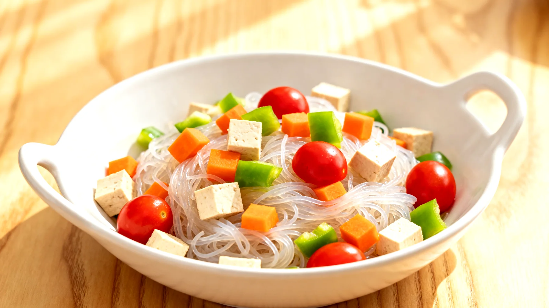 Konjac-Nudeln (Shirataki) mit Gemüse und Tofu"