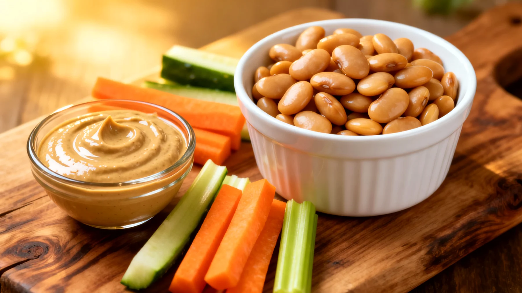 Lupinenkerne mit Sesam-Tahini-Dip und Gemüsesticks"