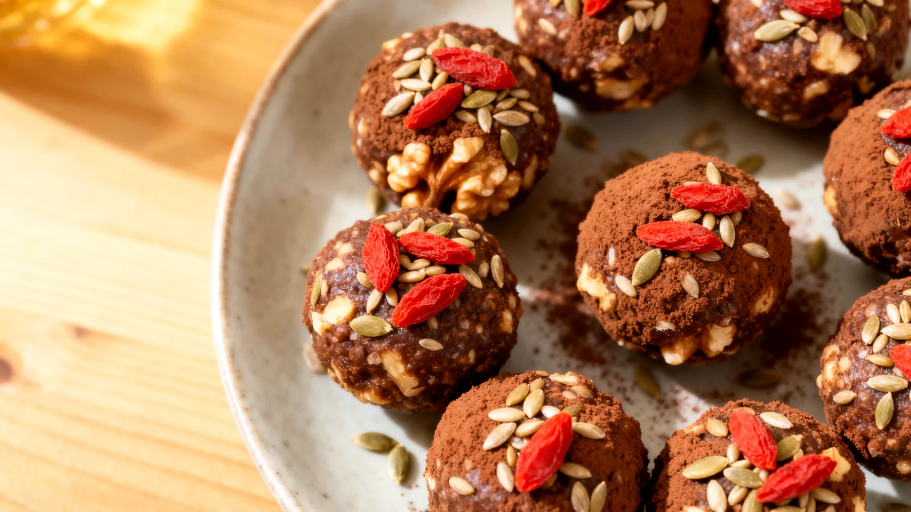 Walnuss-Kakao-Energiebällchen mit Goji-Beeren und Hanfsamen"
