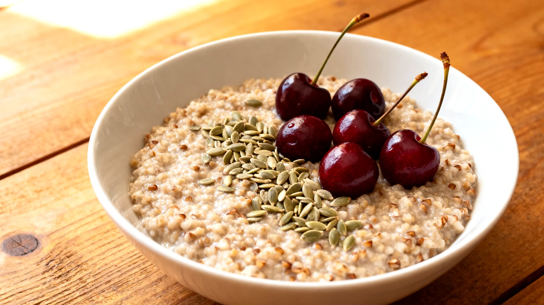 Amaranth-Buchweizen-Porridge mit Hanfsamen und Sauerkirschen"