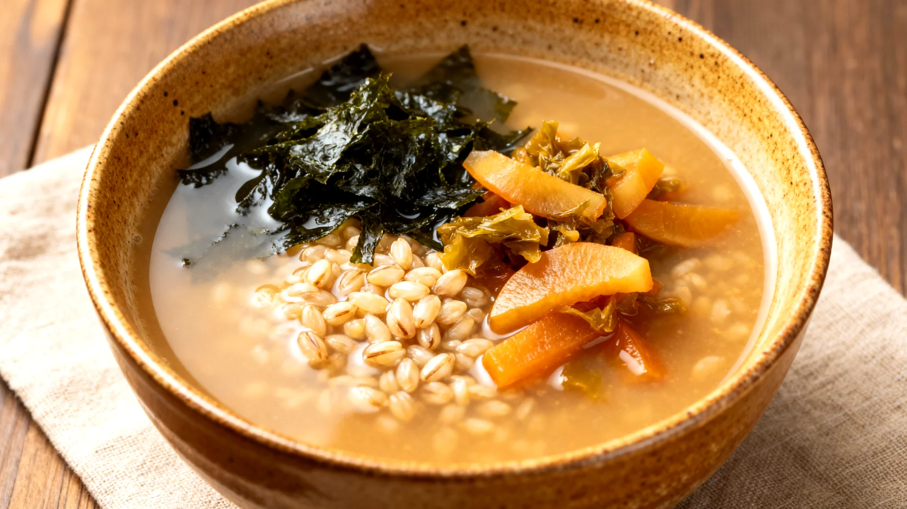 Gersten-Miso-Suppe mit Wakame-Algen und fermentiertem Gemüse"
