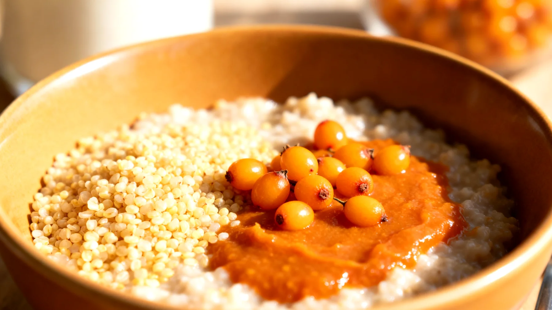 Hagebutten-Hirse-Porridge mit Sanddornbeeren"