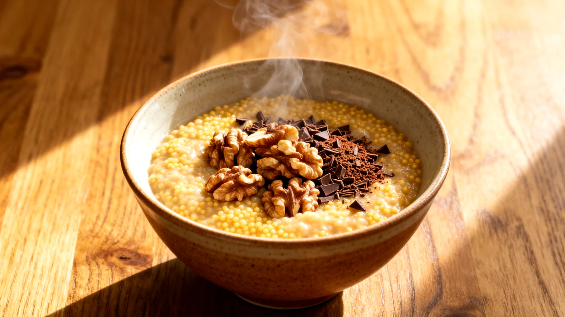 Hirse-Porridge mit Walnüssen und Kakao-Nibs"