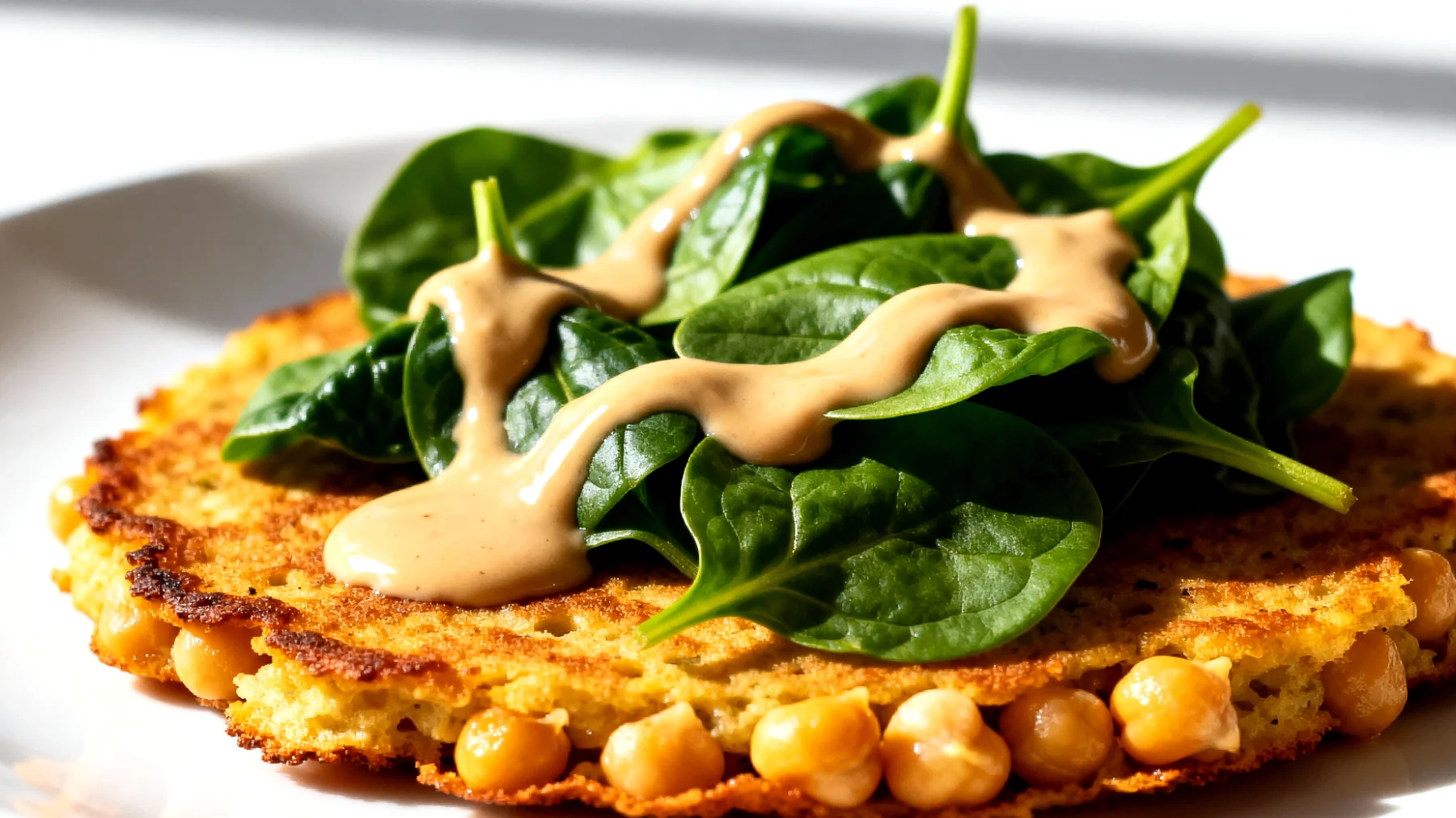 Kichererbsen-Pancakes mit Spinat und Tahini (Socca-Variante)"