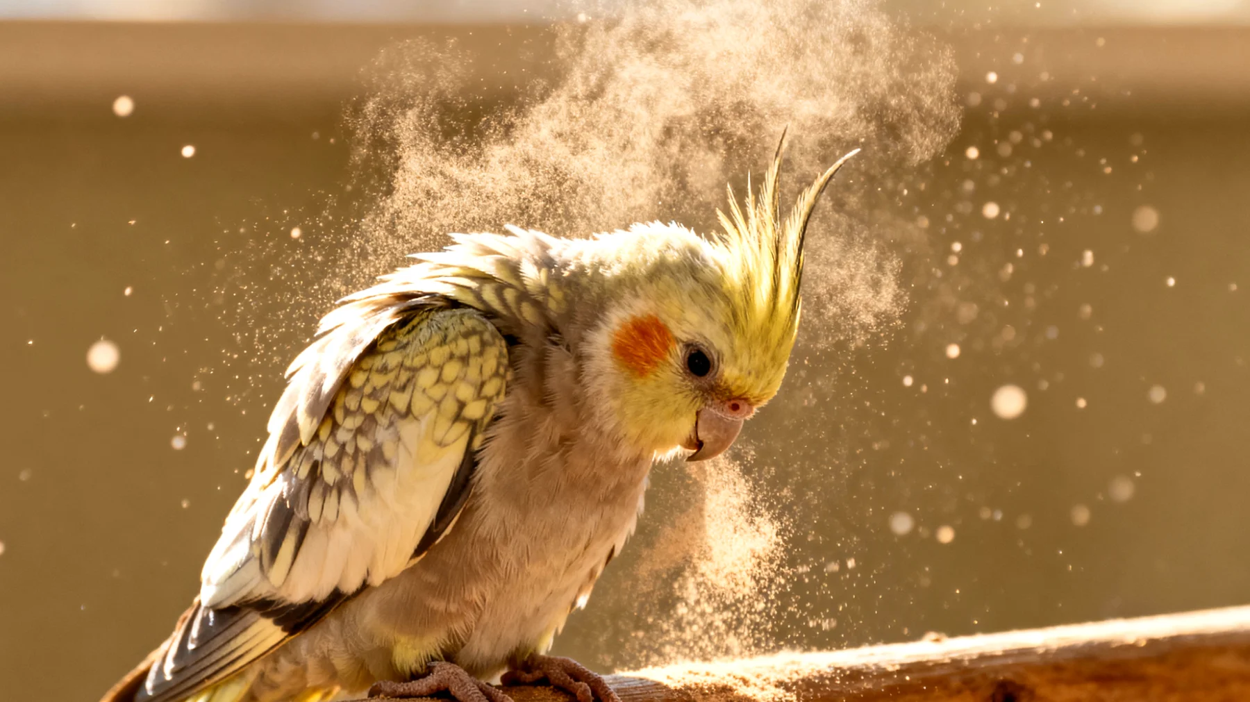 Junge Nymphensittiche neigen dazu, während der Gefiederpflege aufgrund ihrer noch nicht vollständig ausgebildeten Puderdunen übermäßig zu stauben, was zu Atemwegsproblemen führen und die Luftqualität in Innenräumen beeinträchtigen kann"