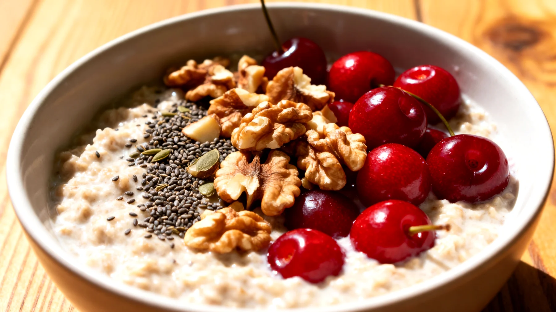 Overnight Oats mit Sauerkirschen, Walnüssen und Hanfsamen"
