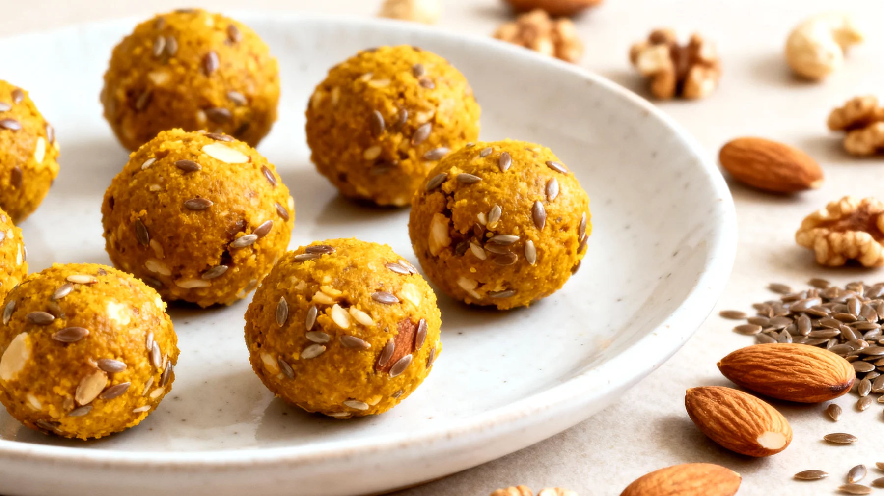 Tigernuss-Mandel-Bällchen mit Kurkuma und Leinsamen"