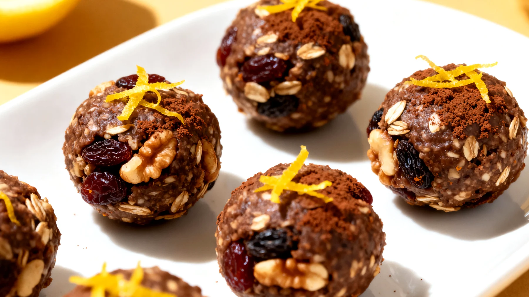 Walnuss-Rosinen-Hafer-Energiebällchen mit Kakao und Zitronenschale"